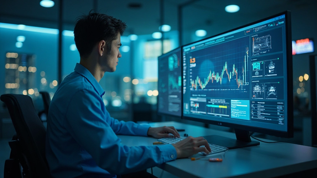 Инженер проводит анализ данных энергосистемы на компьютере