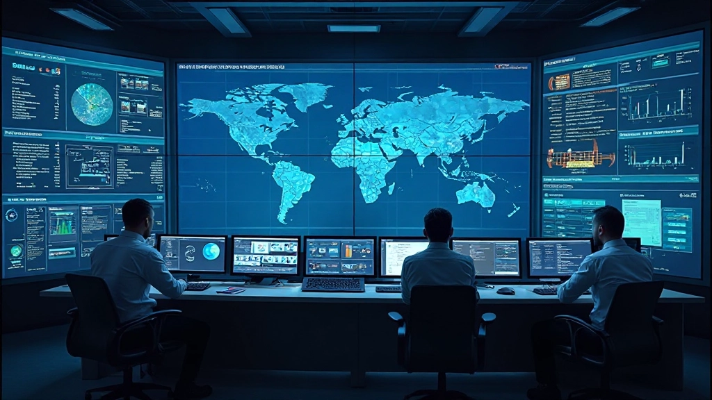 Профессиональное фото центра управления энергосистемой с экранами и панелями контроля, показывающими карту сети