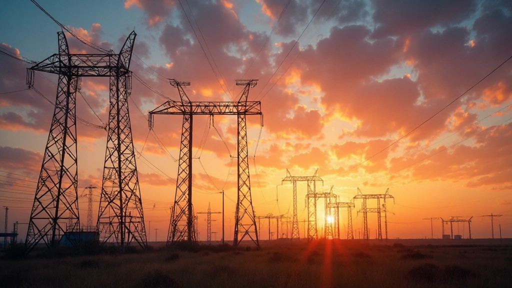 Высоковольтные линии электропередачи, энергетическая инфраструктура на фоне закатного неба