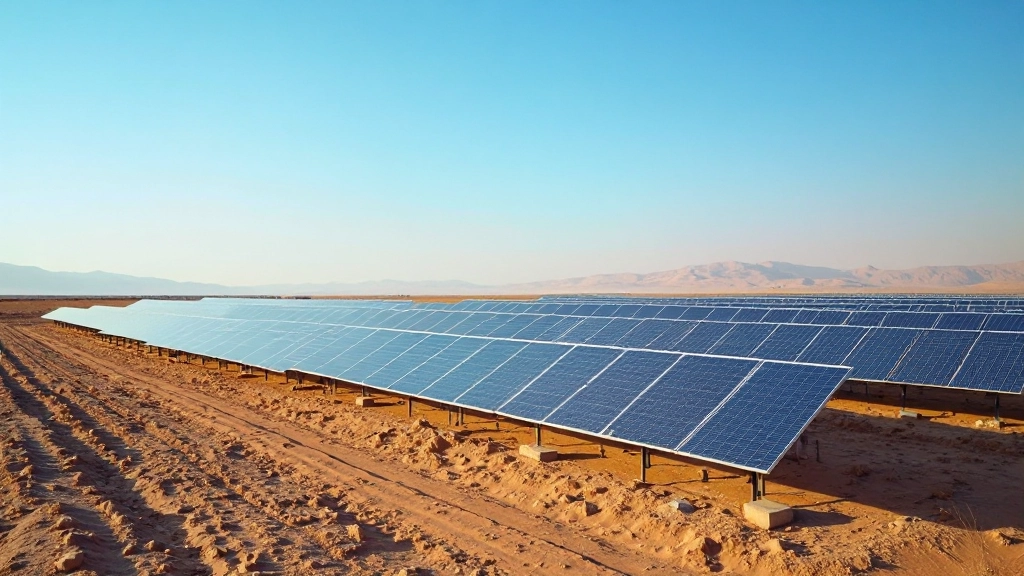Профессиональное фото солнечной электростанции с рядами панелей в пустынной местности Казахстана
