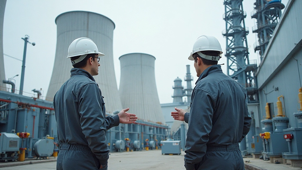 Современная электростанция с высокими дымовыми трубами и трансформаторным оборудованием